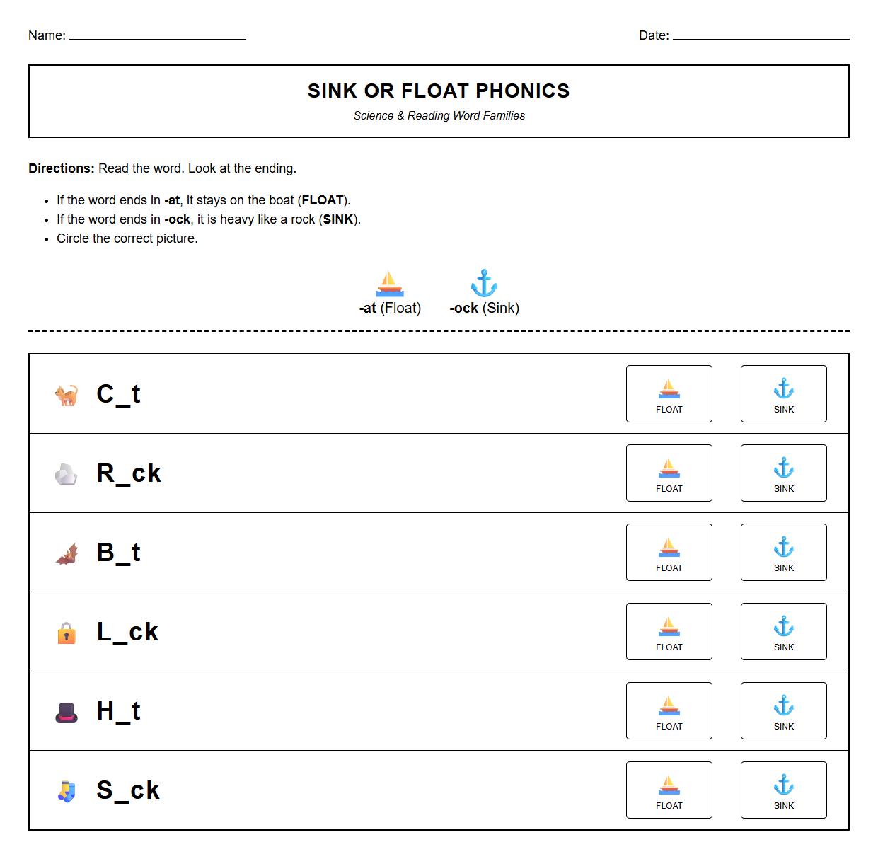 Sink or Float Word Family Phonics Exploration Worksheet