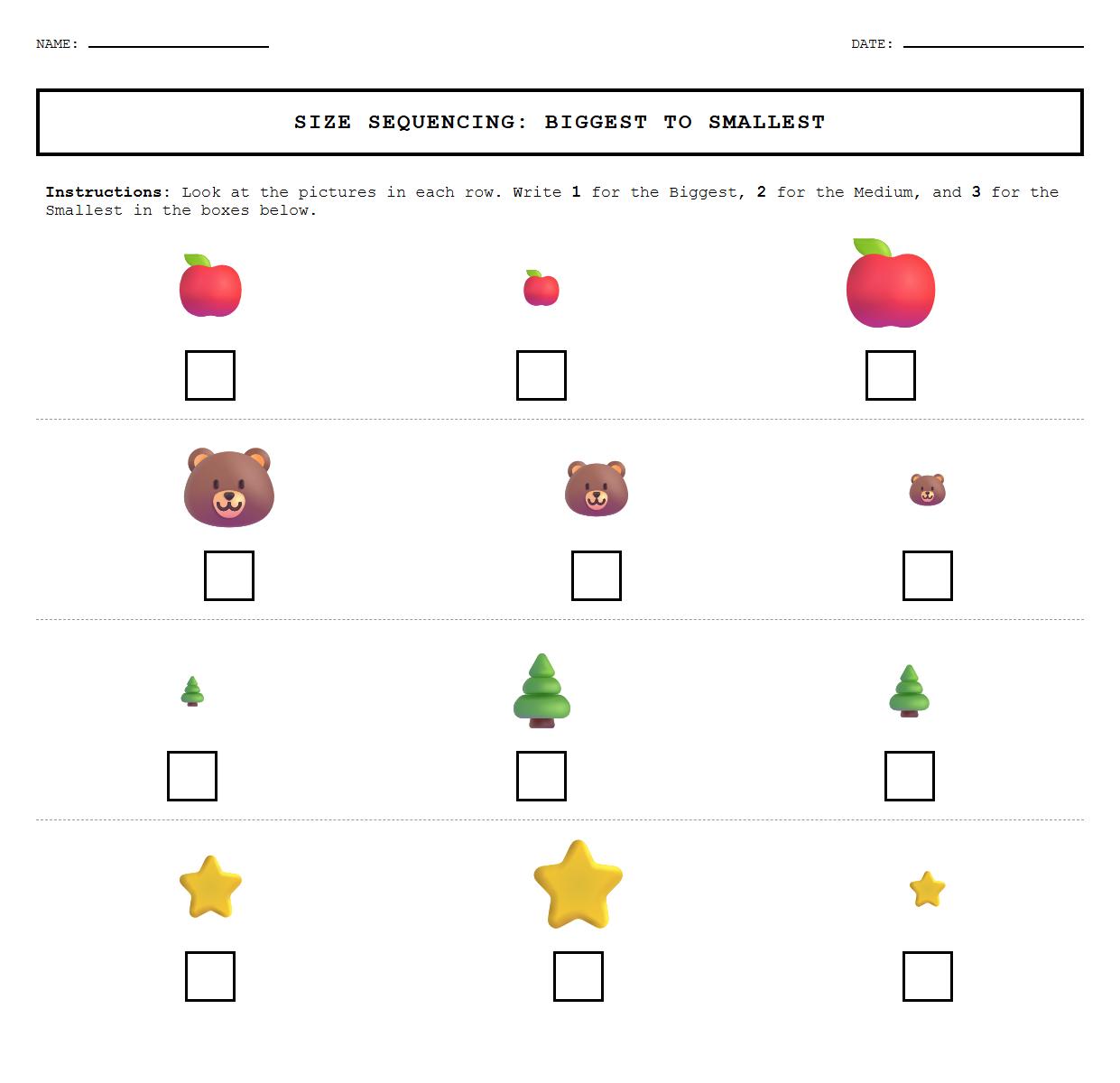 Size Sequencing Worksheet: Arrange and color objects from biggest to smallest