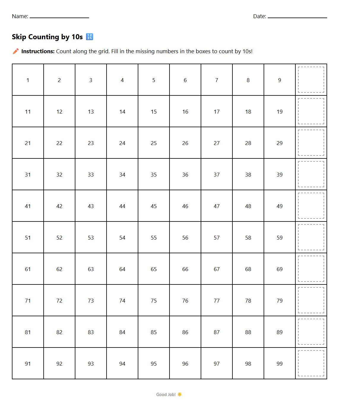 Skip Counting by 10s Number Grid Activity