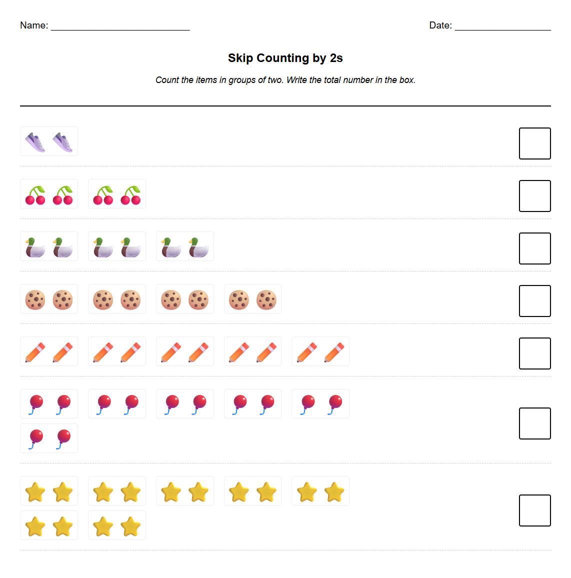Skip Counting by 2s with Interactive Object Images Worksheet