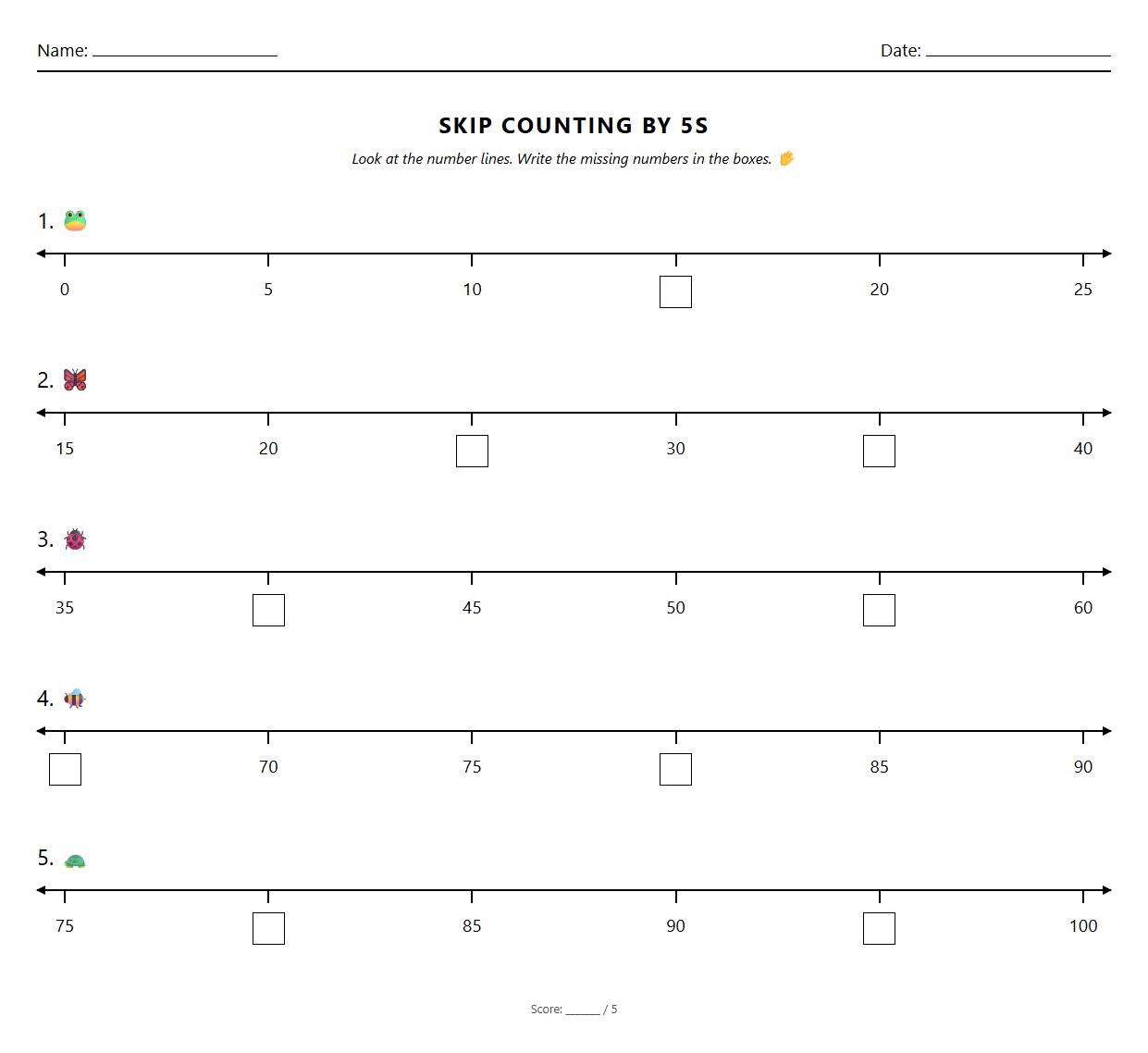 Skip Counting by 5s on Blank Number Lines Worksheet
