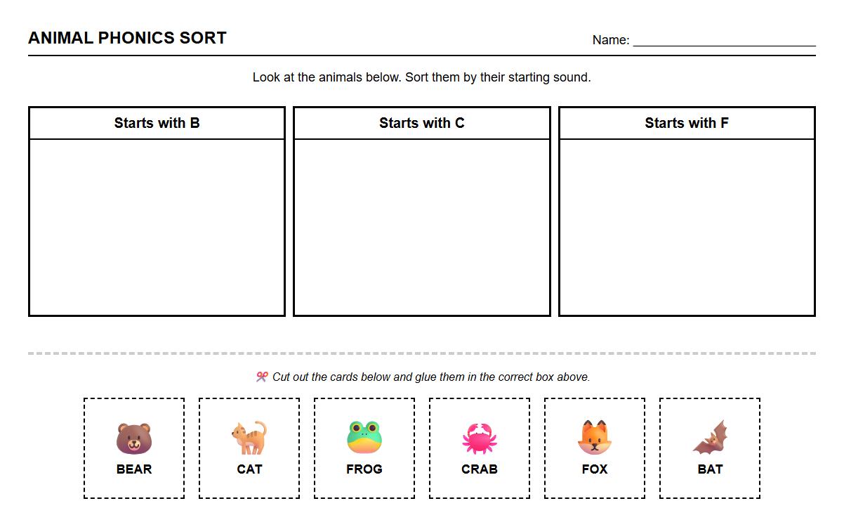 Sorting Cards with Animal Pictures Phonics Exercise