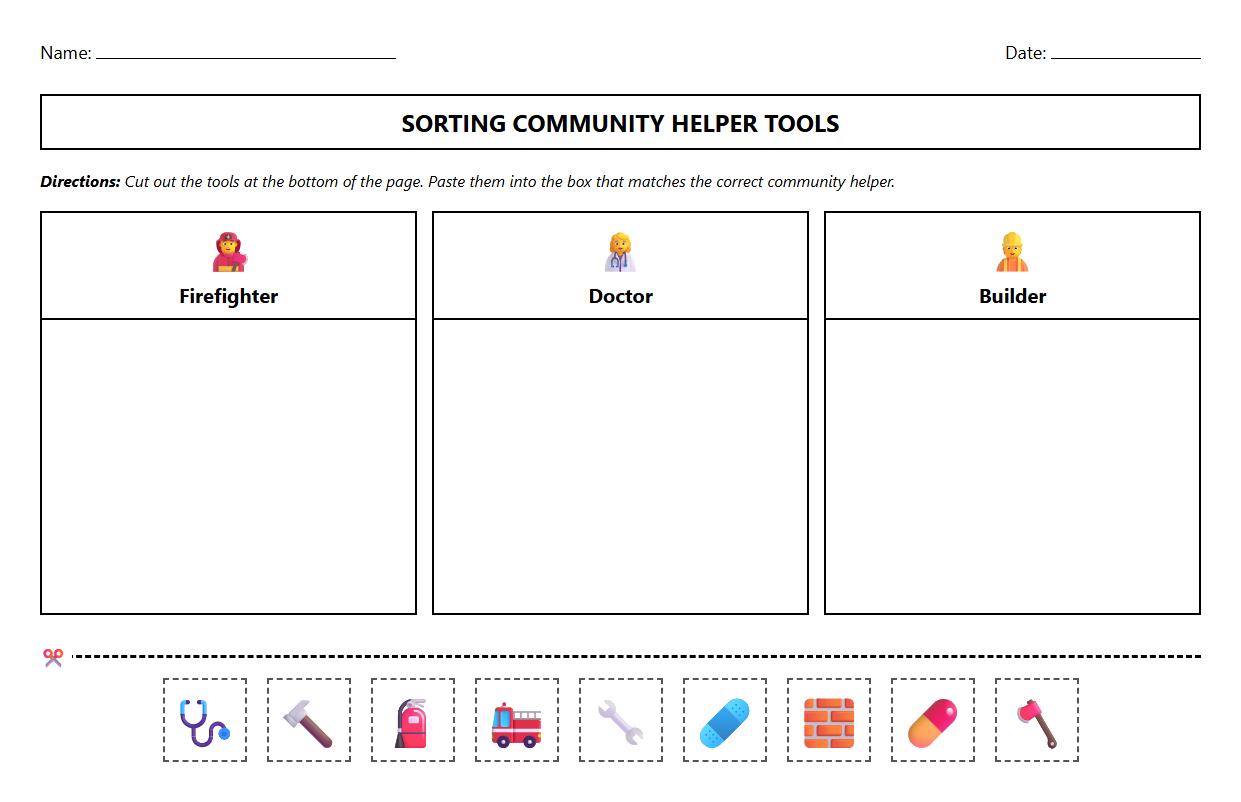 Sorting Community Helper Tools Cut and Paste Worksheet