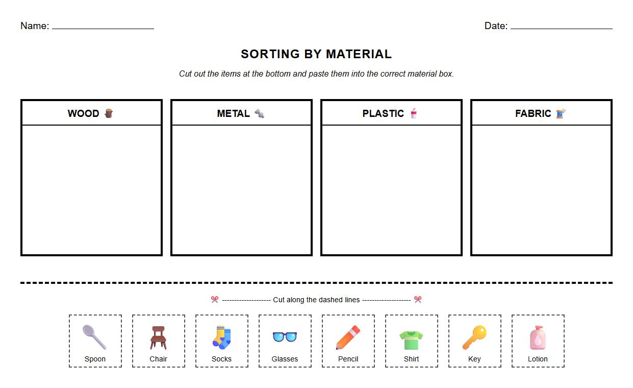 Sorting Household Items by Material Worksheet