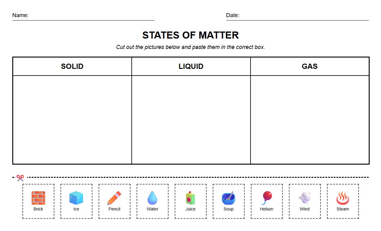 Sorting Objects by Solid Liquid Gas Phonics Worksheet