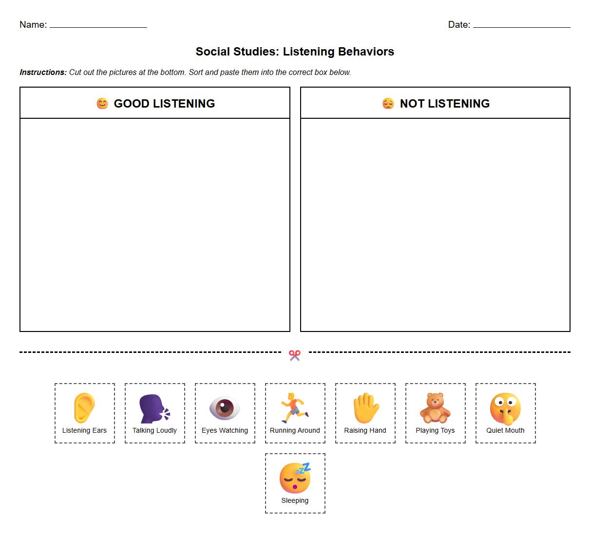 Sorting worksheet for identifying listening behaviors using illustrated cues