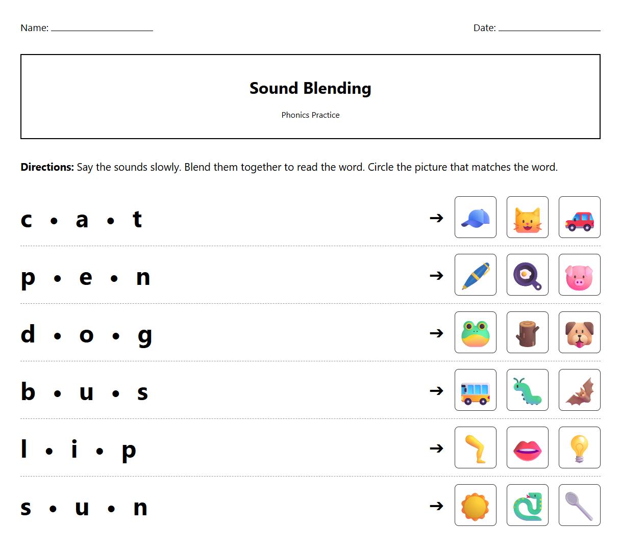Sound Blending Phonics Exercise Sheet