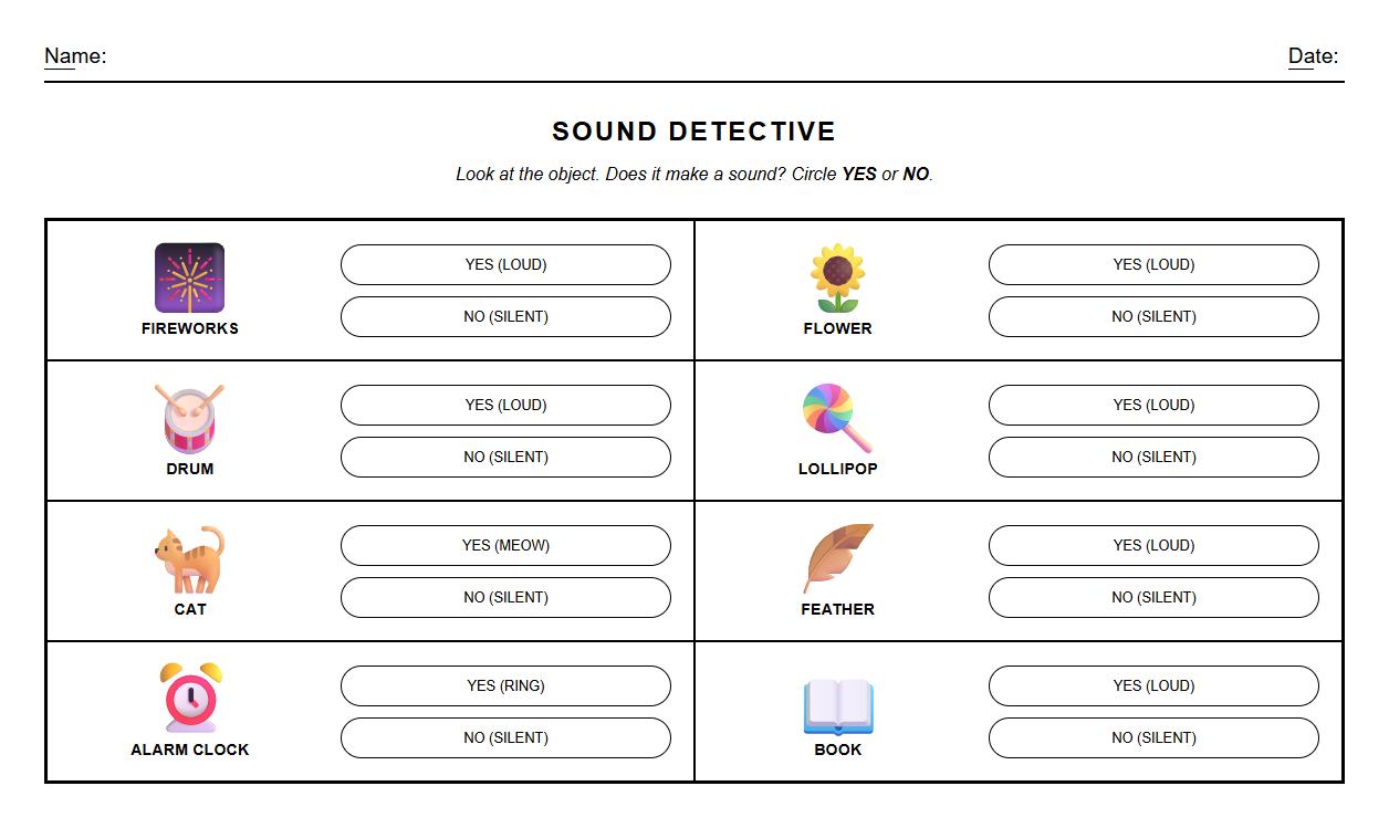 Sound discrimination tasks featuring objects from each sense