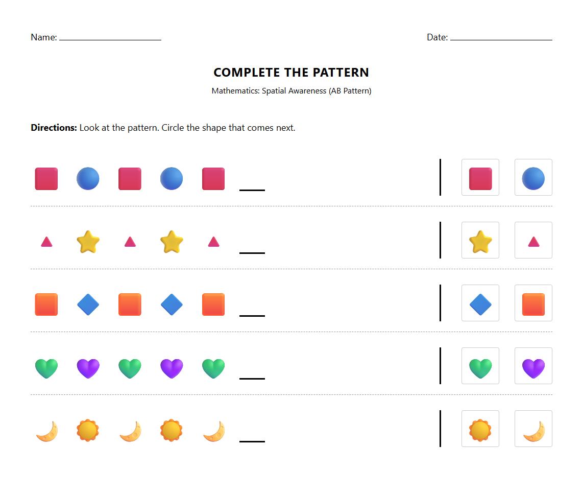 Spatial Awareness AB Pattern Worksheet for Shapes