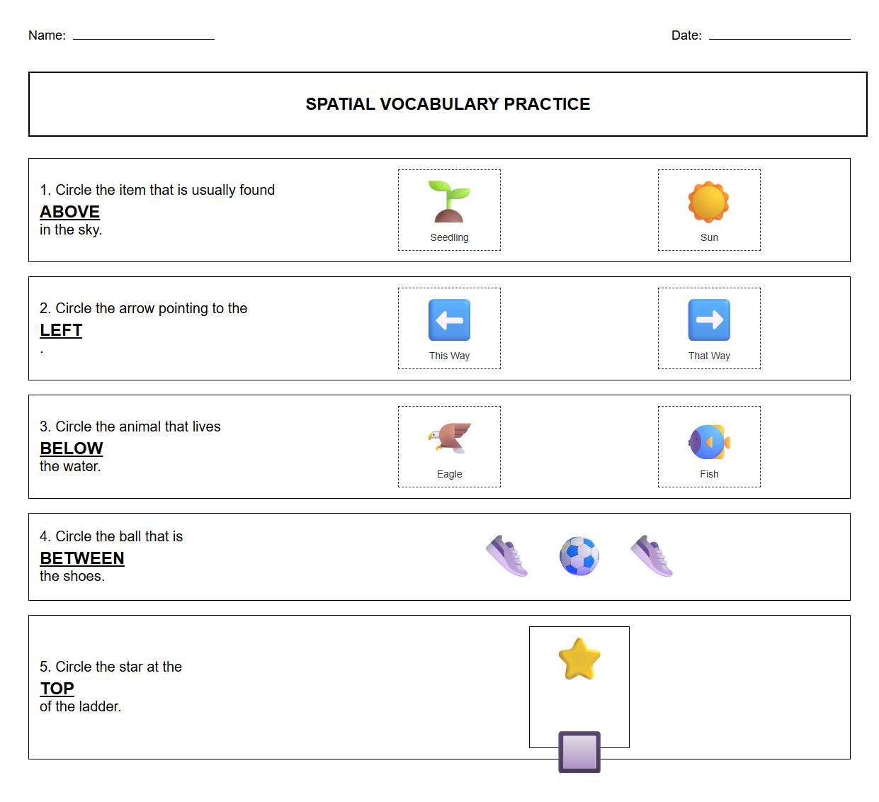 Spatial Vocabulary Practice Sheet with Directional Terms