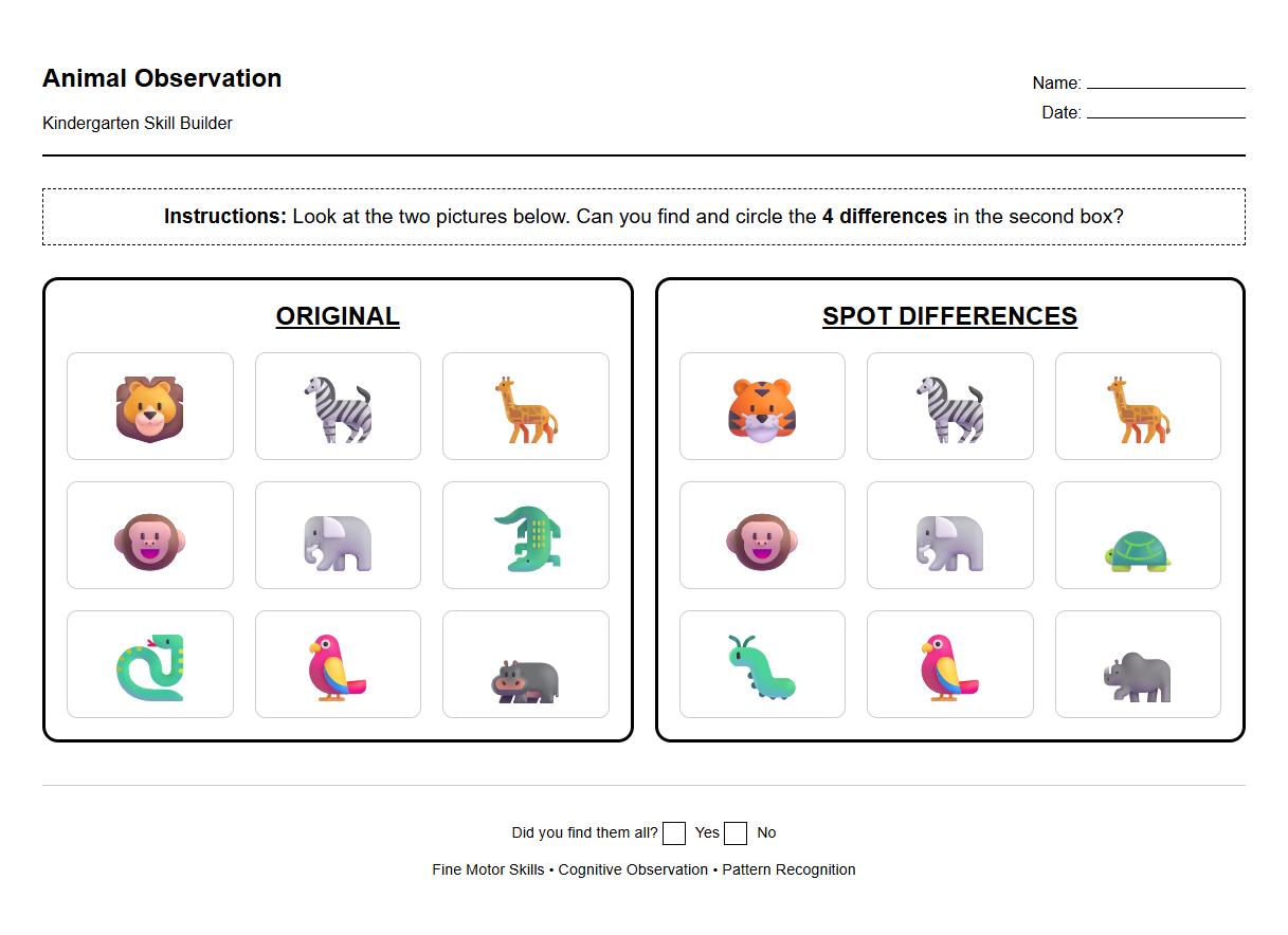 Spot the Difference Worksheet featuring Animals for Kindergarten Observation Skills