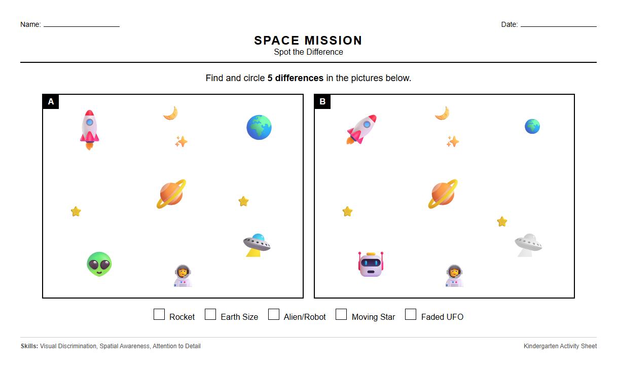 Spot the Difference Worksheet featuring Outer Space for Spatial Awareness