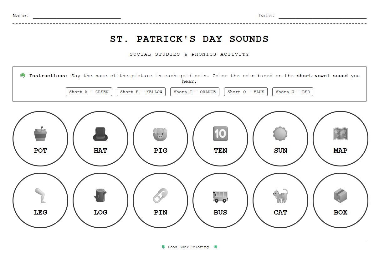 St. Patrick Day vowel sound coloring