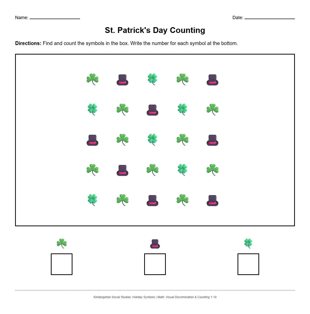 St Patricks Day Clover Symbols Math Counting Worksheet using Visual Discrimination