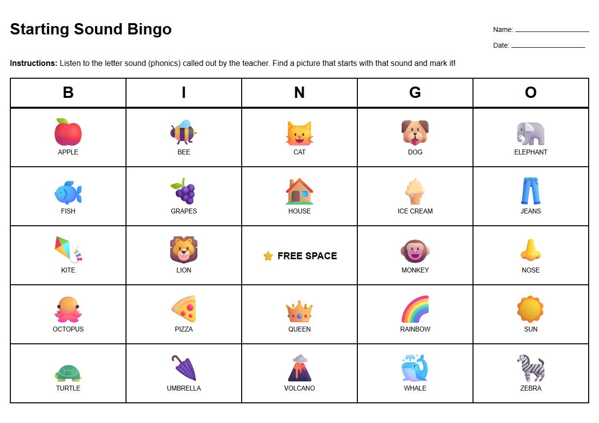 Starting Sound Bingo Game Board