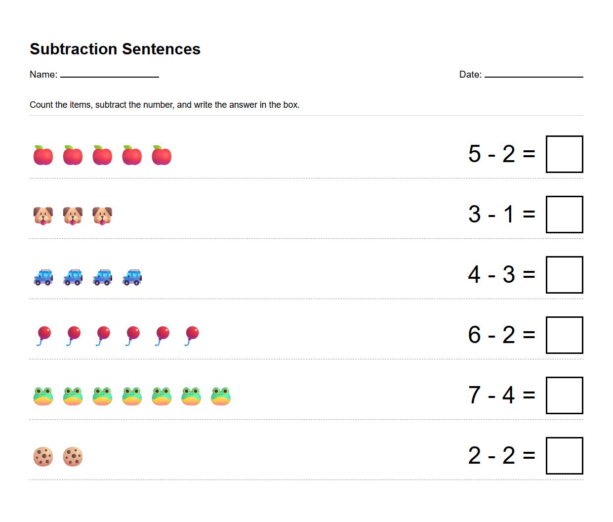 Subtraction Sentence Completion Worksheet