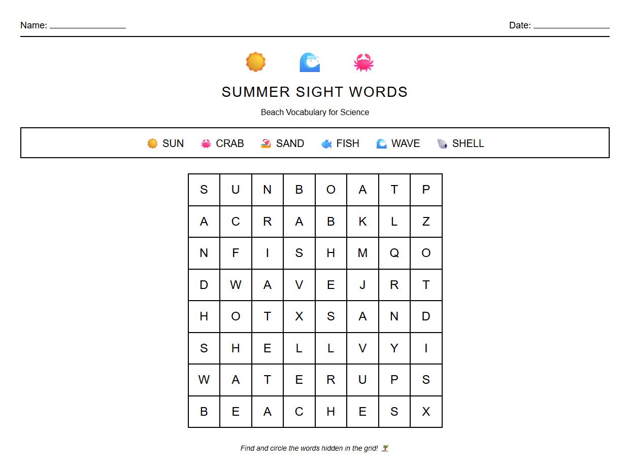 Summer Sight Words Word Search with Beach Vocabulary