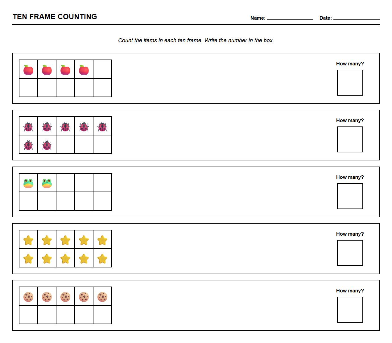 Ten Frame Quantity Identification Worksheet