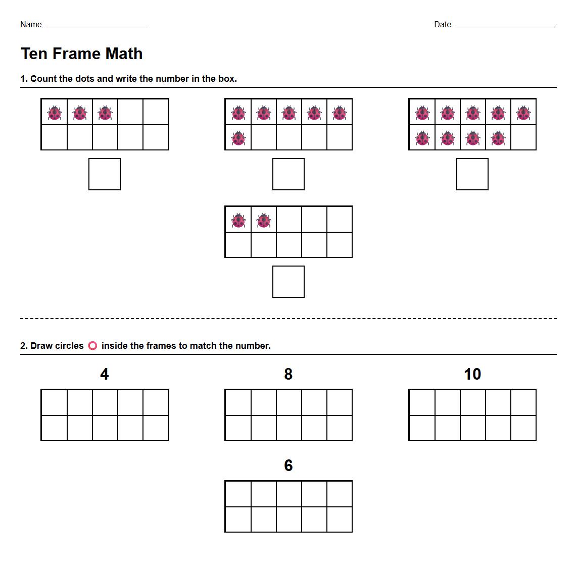 Ten Frame Representation Worksheet