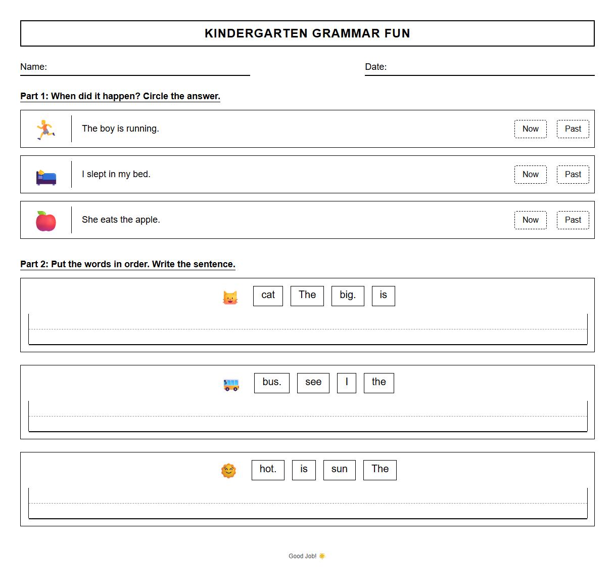 Tense identification and sentence building worksheet