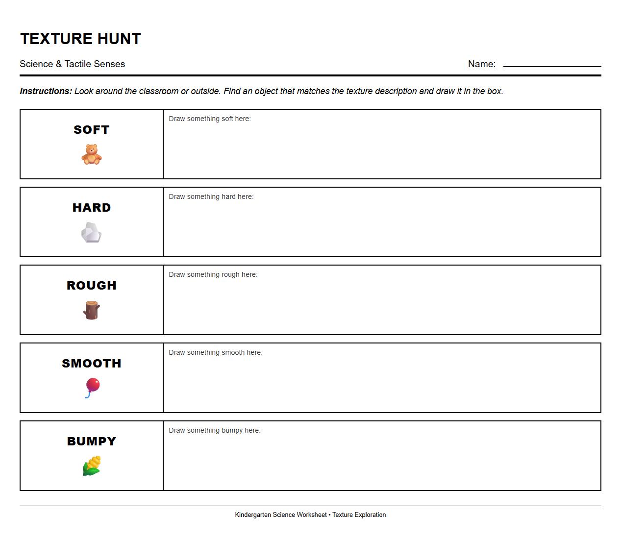 Texture Exploration and Tactile Senses Worksheet
