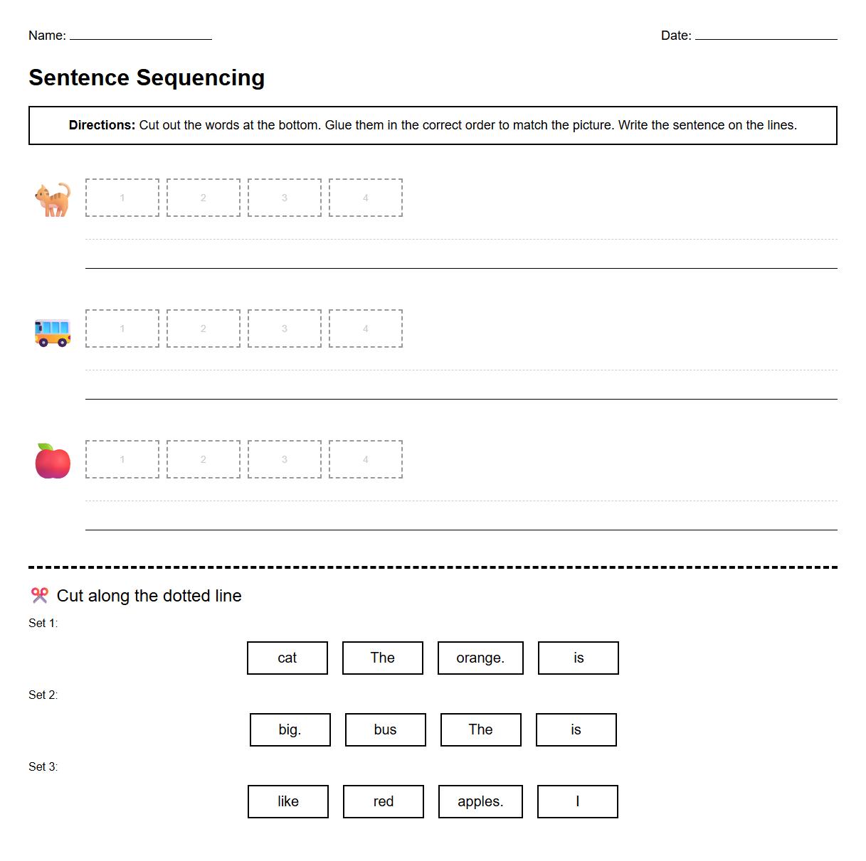 Thematic Sentence Construction Sequencing Worksheets