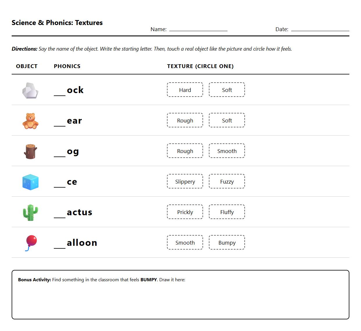 Touch and Texture Based Phonics Identification Chart