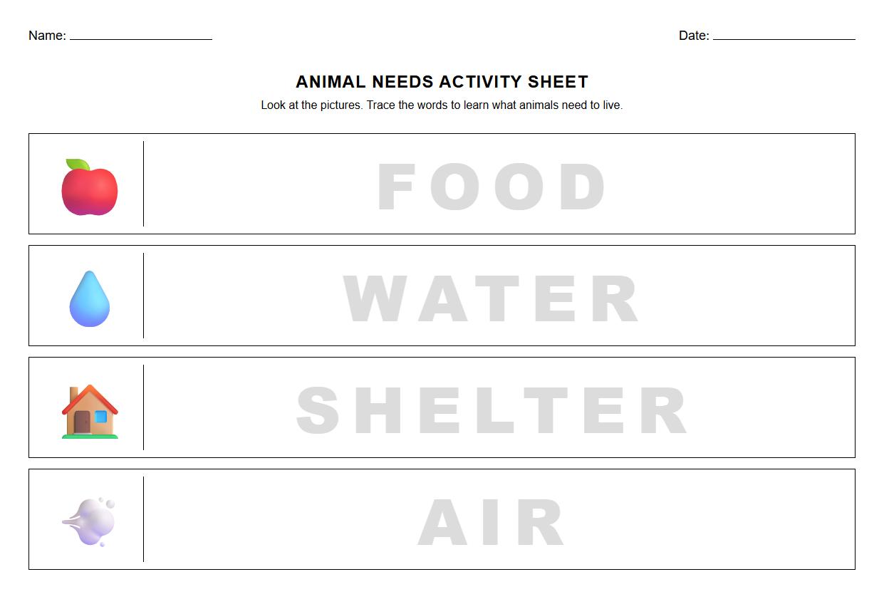 Trace and Color Animal Needs Activity Sheet