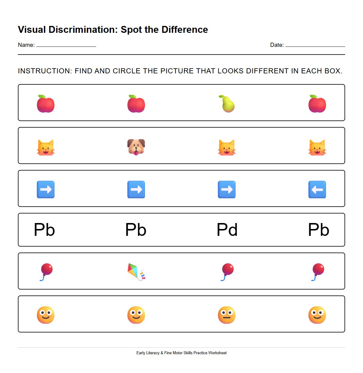 Visual Discrimination Spot the Difference Worksheet for Early Literacy Skills