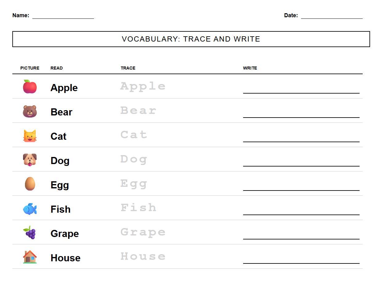 Vocabulary Word Trace and Write Sheet