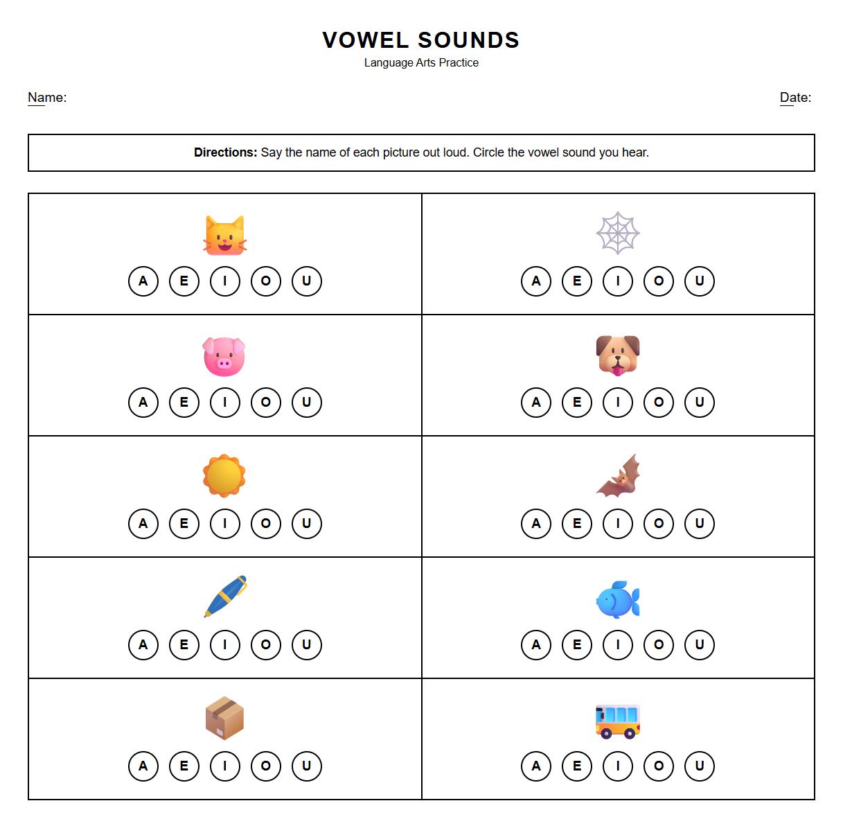 Vowel Sound Identification Practice Sheet
