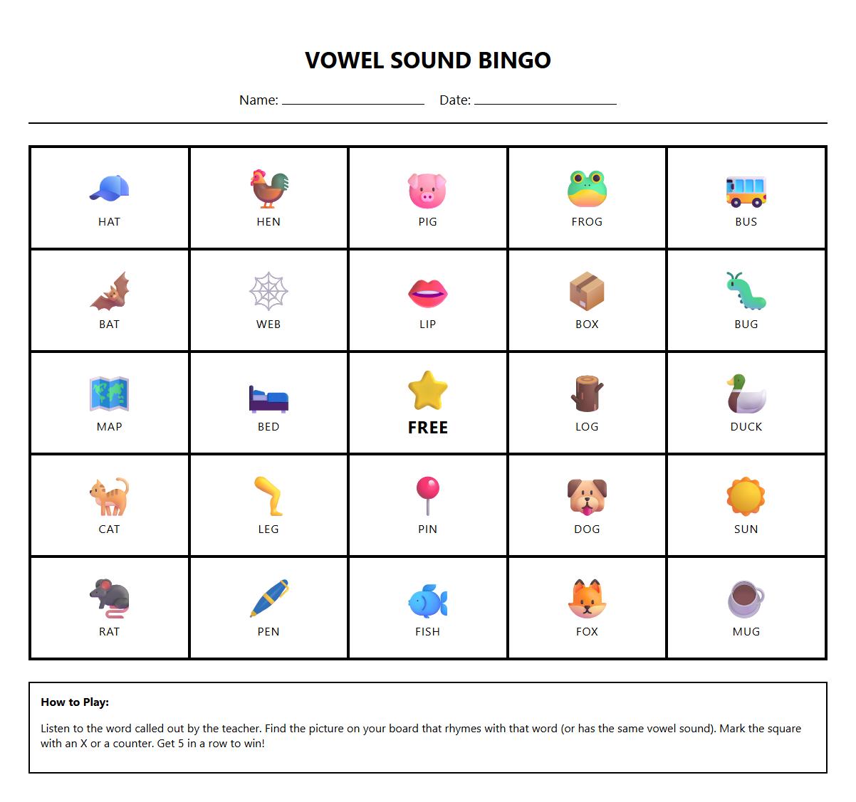 Vowel Sound Rhyming Bingo Board