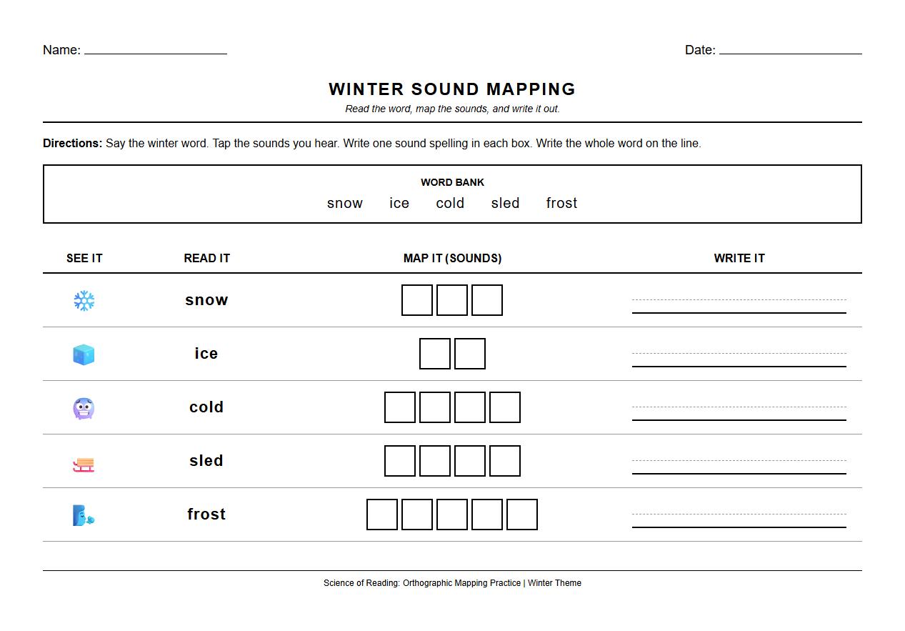 Winter Sight Words Sorting Exercise Using Orthographic Mapping
