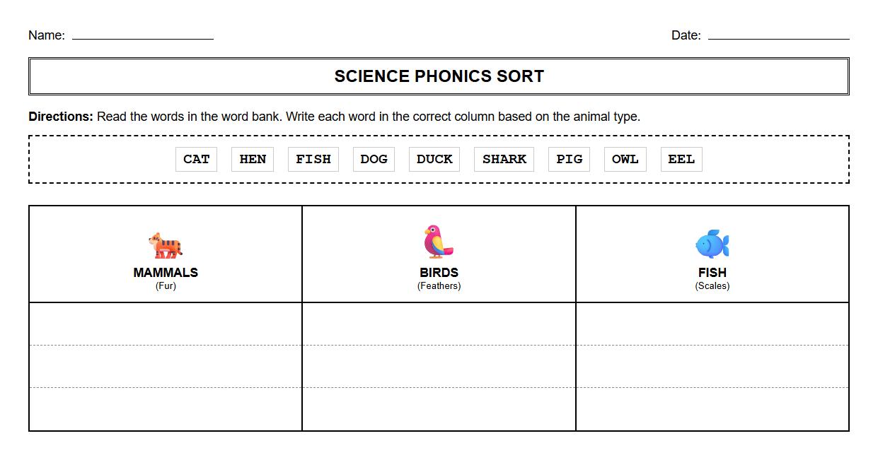 Word Bank Phonics Sort by Animal Types