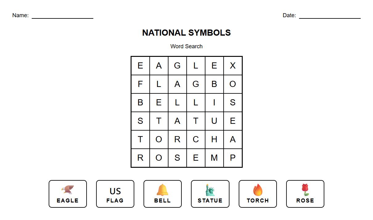 Word Search National Symbols Vocabulary Worksheet