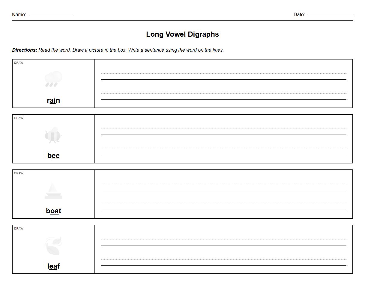 Write and draw sentences featuring long vowel digraphs