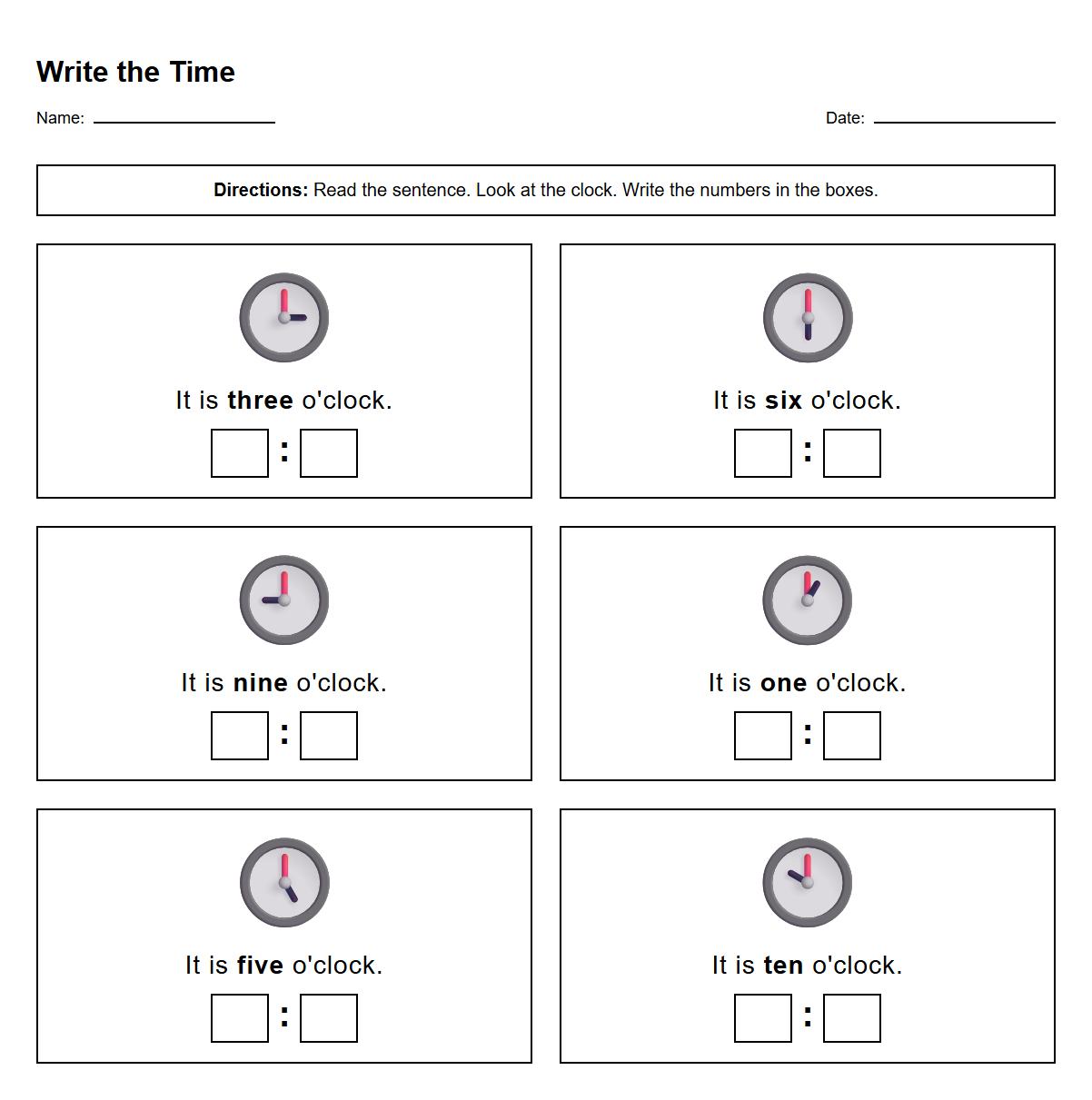 Write the Time Visual Worksheet Using Phonics Practice