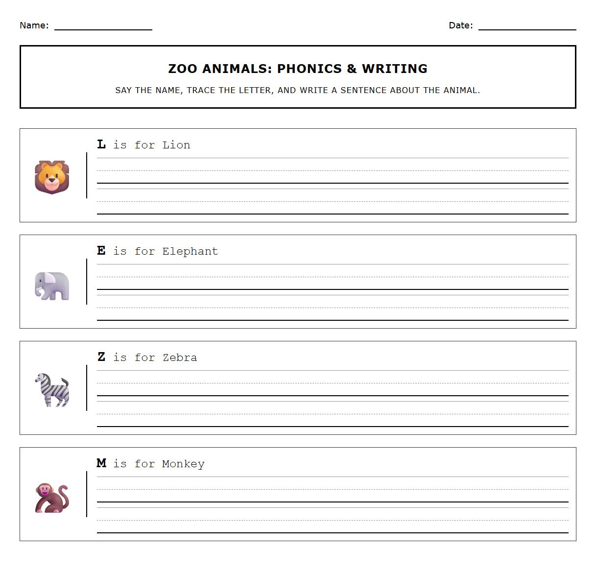 Zoo Animals Creative Writing Phonics Practice