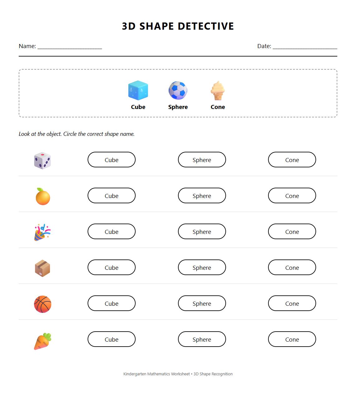 3D Shape Recognition Worksheet using Cubes Spheres and Cones