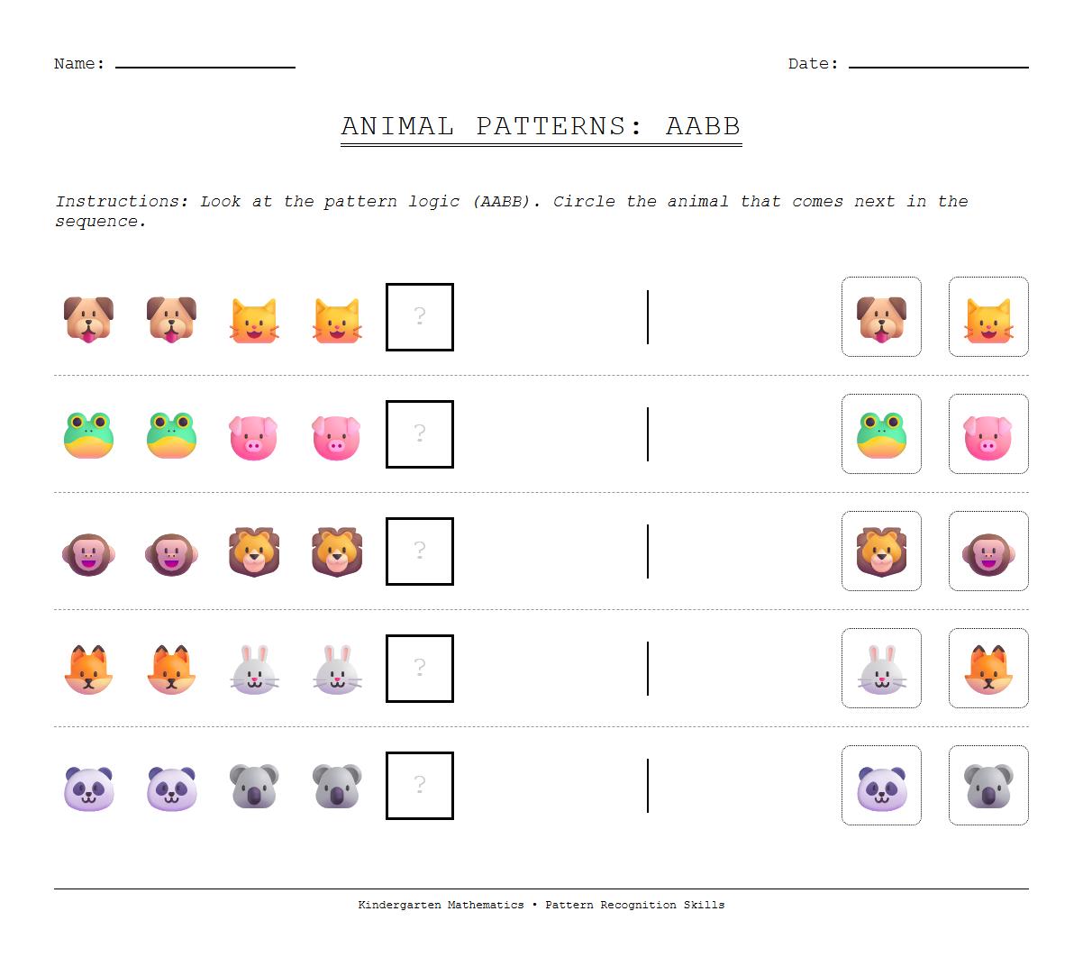 AABB Animal Icon Pattern Matching Worksheet