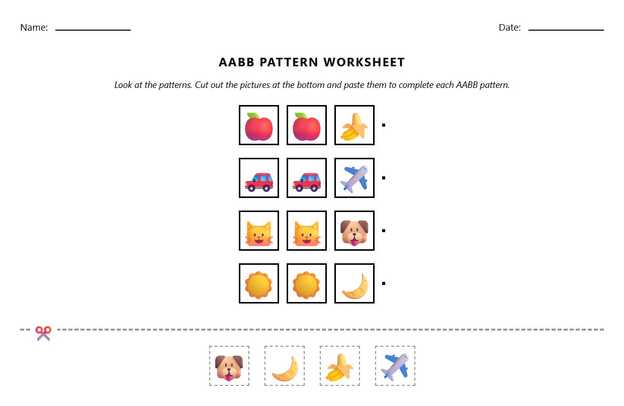 AABB Picture Pattern with Fine Motor Skills Worksheet