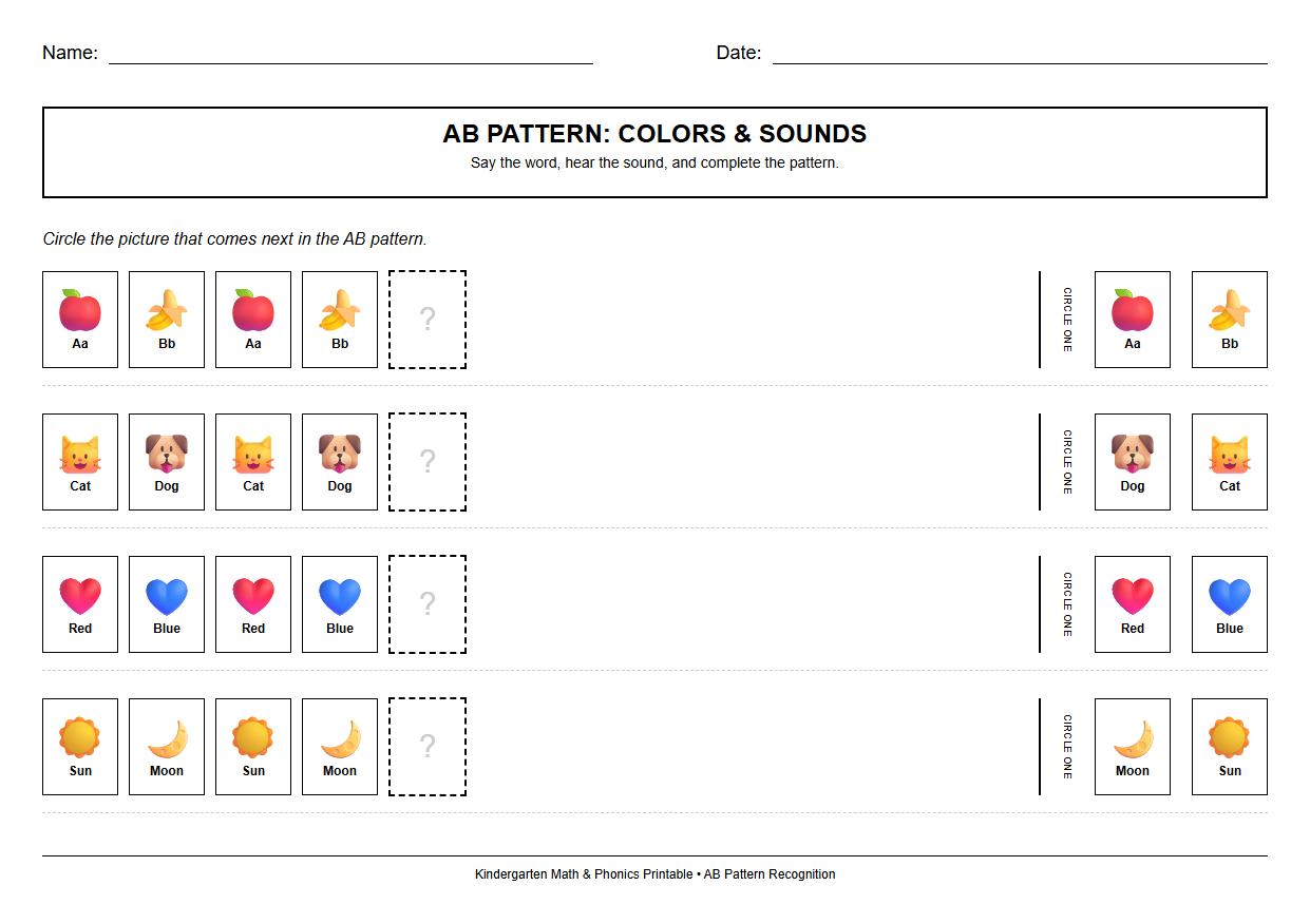 AB Pattern Color and Sound Matching Worksheet Phonics