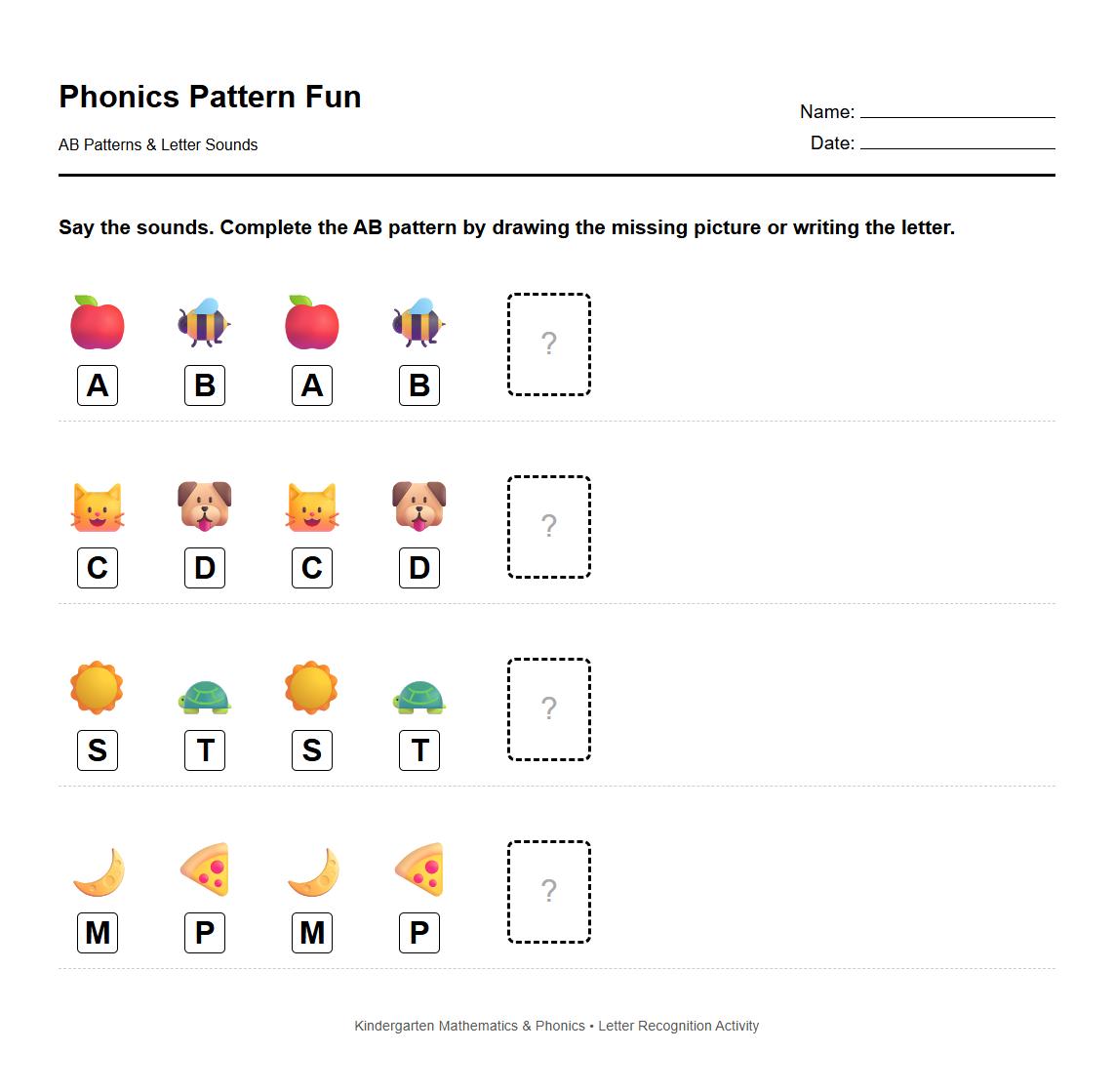 AB Pattern Letter Recognition Phonics Worksheet