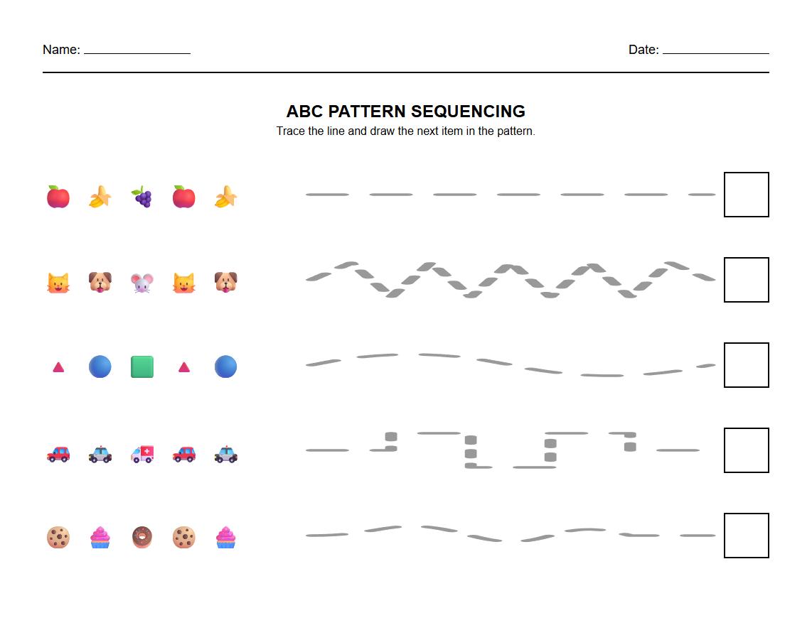 ABC Pattern Sequencing with Tracing Lines Worksheet