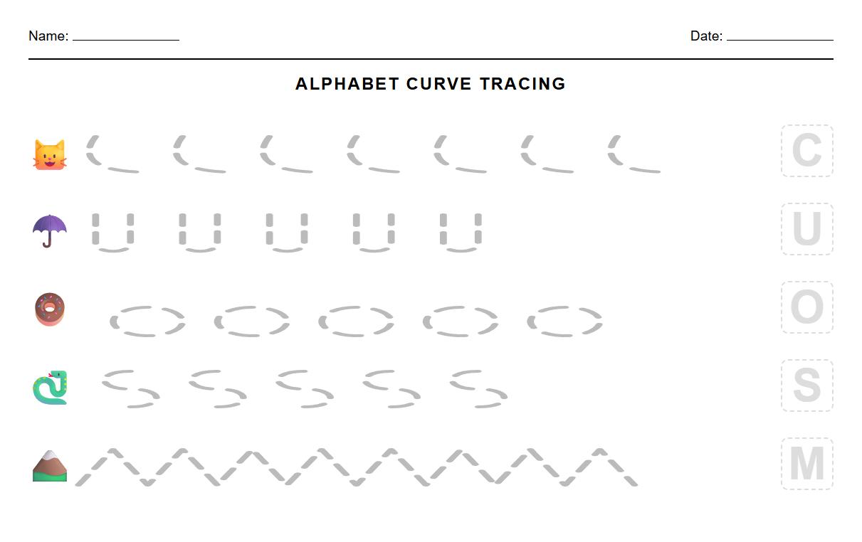 Alphabet curve tracing worksheet for literacy skills