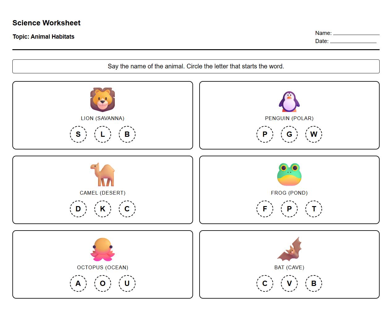 Animal Habitats Initial Letter Sound Worksheet