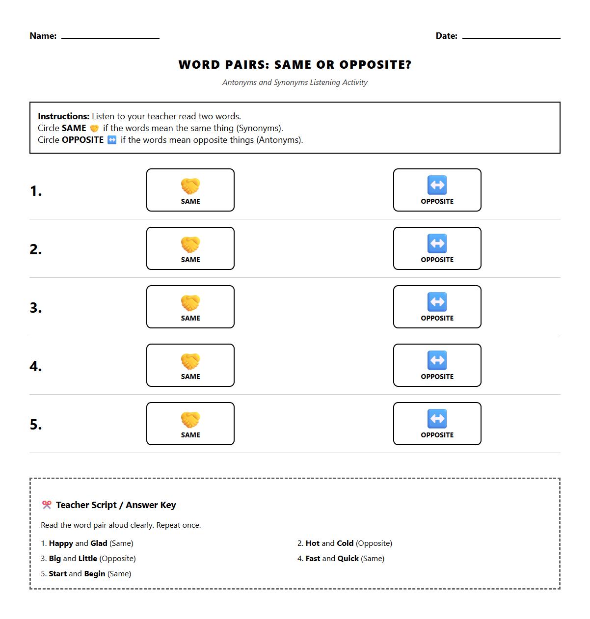 Antonyms and Synonyms Listening Discrimination Task