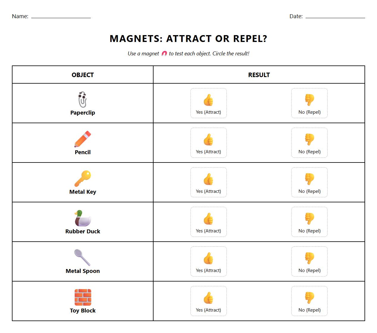 Attract and Repel Magnet Experiment Recording Sheet