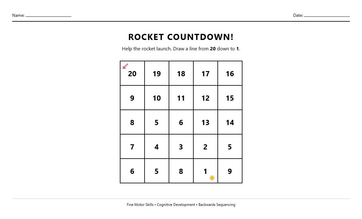 Backwards Number Sequencing Maze from 20 to 1