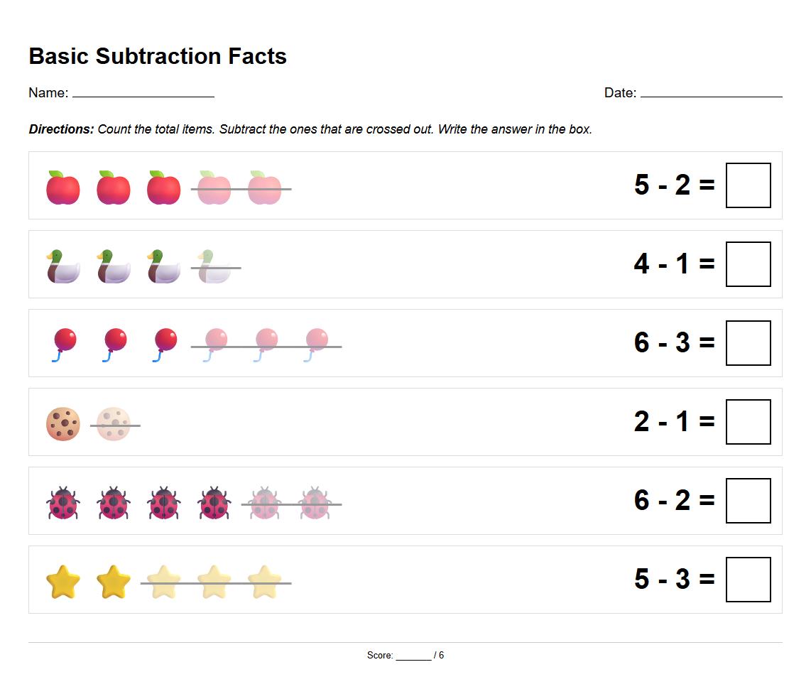 Basic Subtraction Facts Worksheet with Visual Aids
